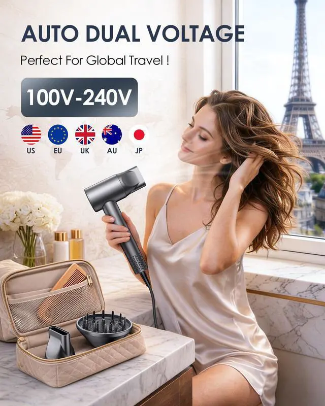 Alt view image 2 of 7 - Travel Hair Dryer Dual Voltage,500 Million Ionic Blow Dryer with Diffuser,170,000 RPM High Speed Hair Dryer for Fast Drying,Quiet,Lightweight Compact Hair Dryer 100-240V for Women & Men
