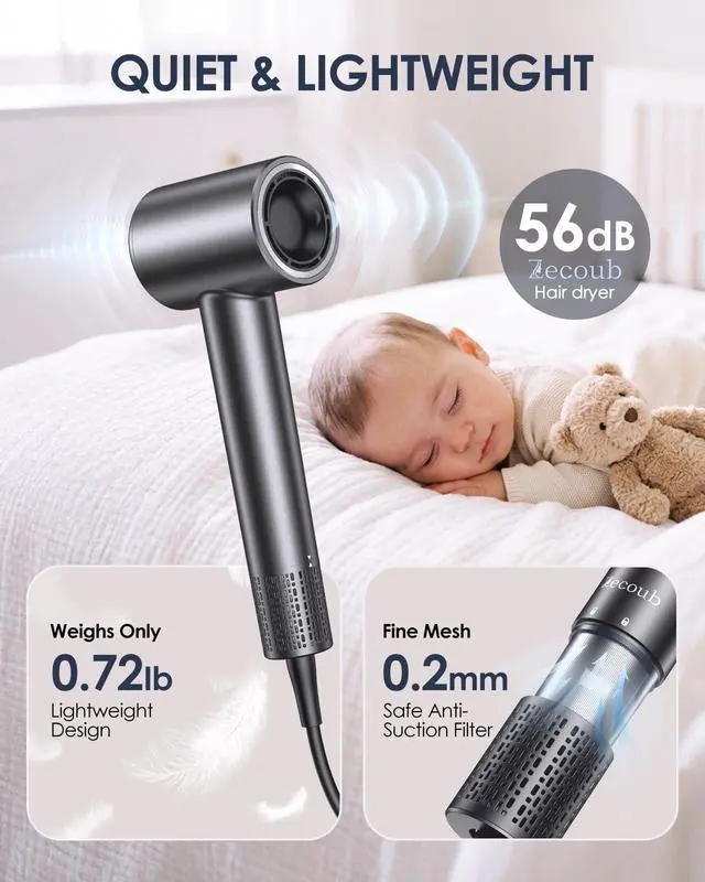 Alt view image 7 of 7 - Travel Hair Dryer Dual Voltage,500 Million Ionic Blow Dryer with Diffuser,170,000 RPM High Speed Hair Dryer for Fast Drying,Quiet,Lightweight Compact Hair Dryer 100-240V for Women & Men