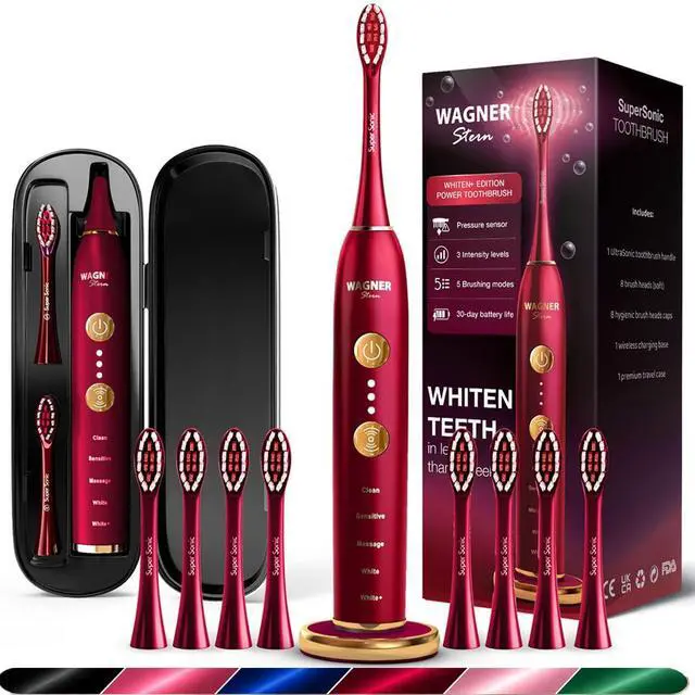 Main image of WHITEN+ Electric Toothbrush, 48,000 VPM, Pressure Sensor, 5 Modes, 8 Brush Heads, Travel Case