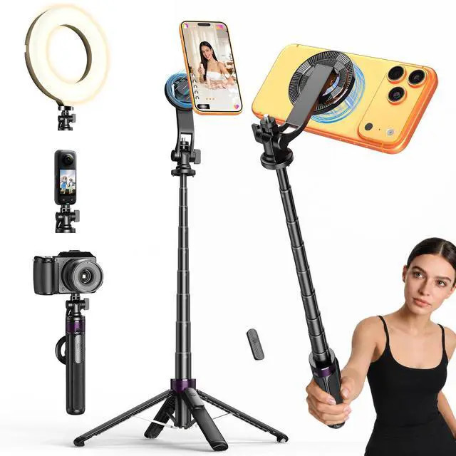 Main image of 4-in-1 Magnetic Tripod for iPhone with 1/4" Screw, 53" MagSafe Selfie Tripod with Wireless Remote & Metal Ring, 4-Leg Stable Phone & Camera Tripod for IPhone17Pro Max Video Recording,Gym,TikTok,Travel