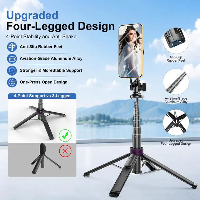 Alt view image 3 of 7 - 4-in-1 Magnetic Tripod for iPhone with 1/4" Screw, 53" MagSafe Selfie Tripod with Wireless Remote & Metal Ring, 4-Leg Stable Phone & Camera Tripod for IPhone17Pro Max Video Recording,Gym,TikTok,Travel