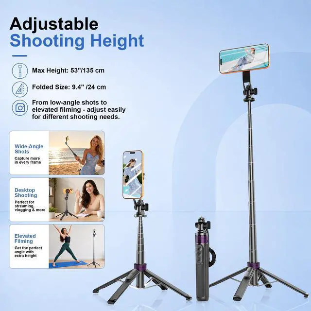 Alt view image 5 of 7 - 4-in-1 Magnetic Tripod for iPhone with 1/4" Screw, 53" MagSafe Selfie Tripod with Wireless Remote & Metal Ring, 4-Leg Stable Phone & Camera Tripod for IPhone17Pro Max Video Recording,Gym,TikTok,Travel