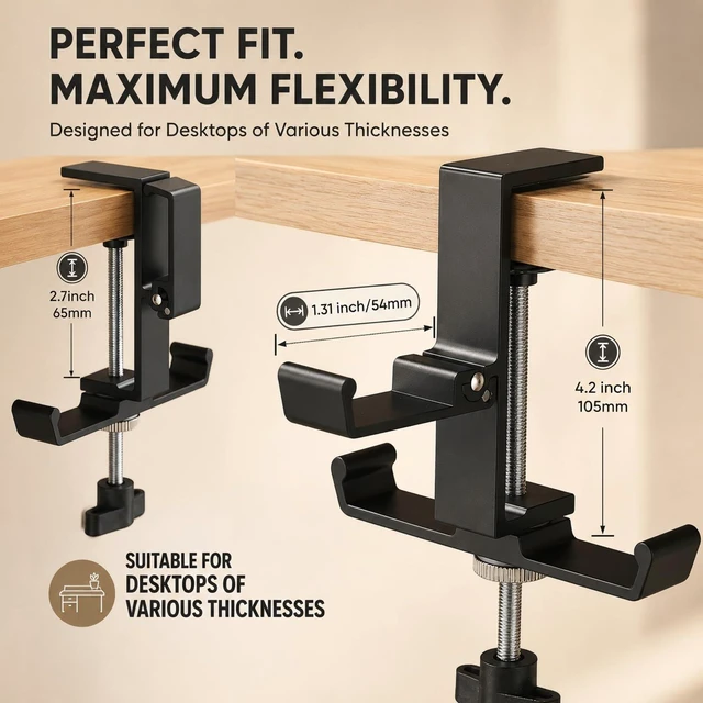 Alt view image 2 of 7 - Headphone Stand for Desk, 3 Hooks Aluminum Alloy Headphone Holder (1 Foldable+2 Fixed) Space Saving Headset Stand Hook, Universal Fit PC Gaming Headsets Holder Desk Clamp for Office/Game Table