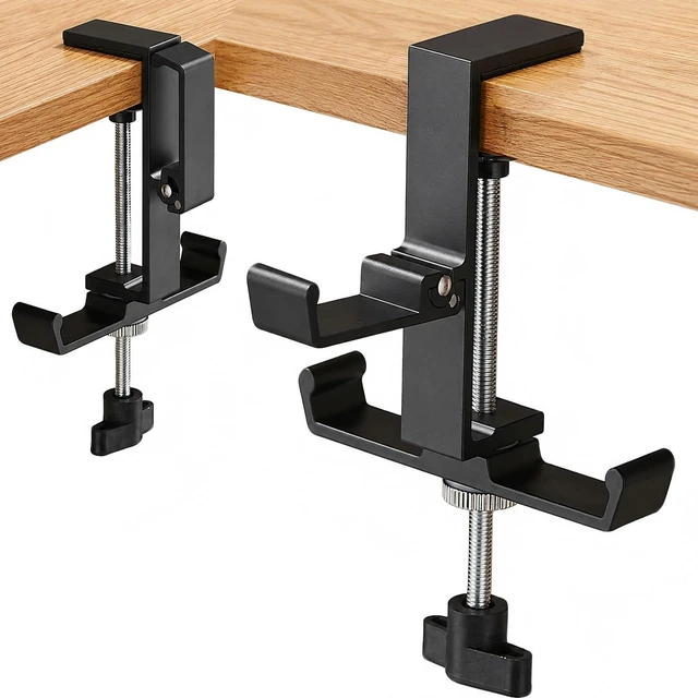 Main image of Headphone Stand for Desk, 3 Hooks Aluminum Alloy Headphone Holder (1 Foldable+2 Fixed) Space Saving Headset Stand Hook, Universal Fit PC Gaming Headsets Holder Desk Clamp for Office/Game Table