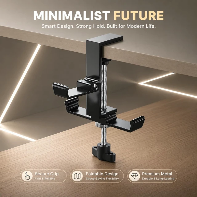 Alt view image 3 of 7 - Headphone Stand for Desk, 3 Hooks Aluminum Alloy Headphone Holder (1 Foldable+2 Fixed) Space Saving Headset Stand Hook, Universal Fit PC Gaming Headsets Holder Desk Clamp for Office/Game Table