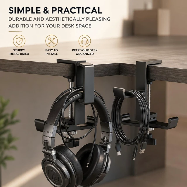 Alt view image 5 of 7 - Headphone Stand for Desk, 3 Hooks Aluminum Alloy Headphone Holder (1 Foldable+2 Fixed) Space Saving Headset Stand Hook, Universal Fit PC Gaming Headsets Holder Desk Clamp for Office/Game Table
