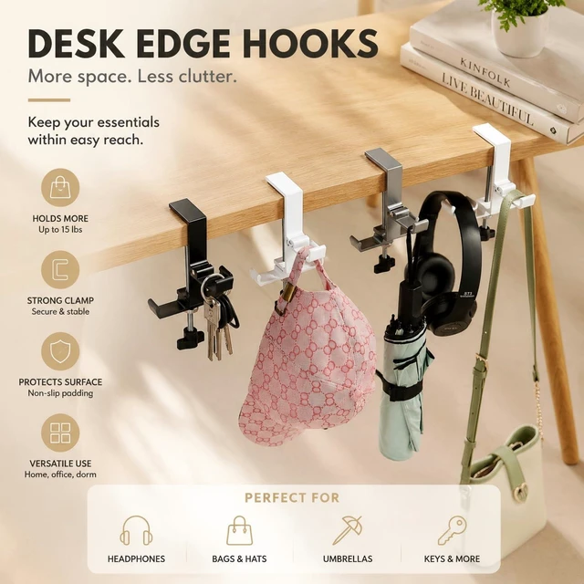 Alt view image 7 of 7 - Headphone Stand for Desk, 3 Hooks Aluminum Alloy Headphone Holder (1 Foldable+2 Fixed) Space Saving Headset Stand Hook, Universal Fit PC Gaming Headsets Holder Desk Clamp for Office/Game Table
