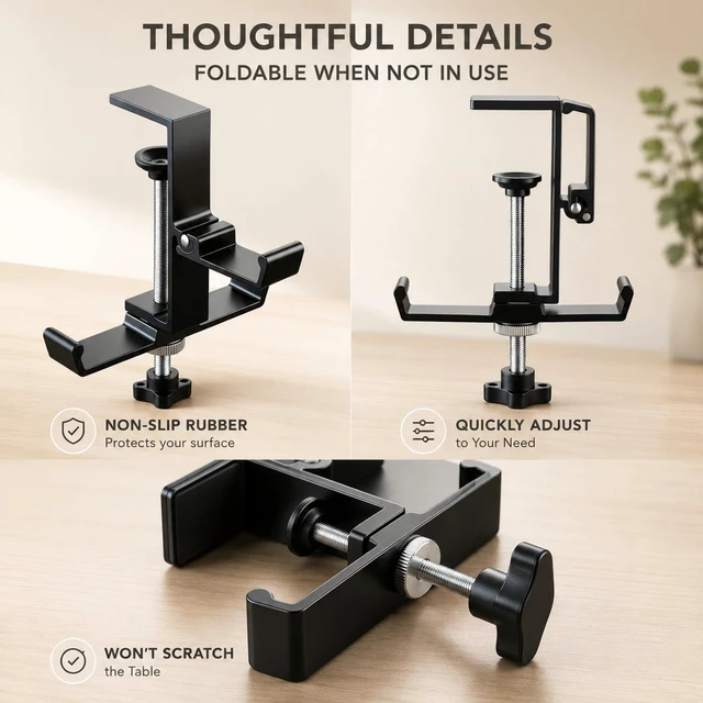 Alt view image 4 of 7 - Headphone Stand for Desk, 3 Hooks Aluminum Alloy Headphone Holder (1 Foldable+2 Fixed) Space Saving Headset Stand Hook, Universal Fit PC Gaming Headsets Holder Desk Clamp for Office/Game Table