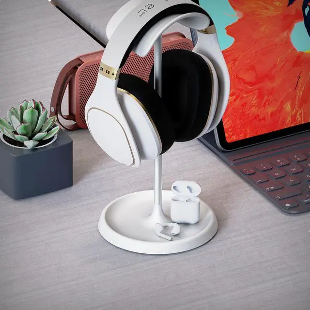 Alt view image 7 of 7 - Headphone Stand, Desktop Headset Holder with Headphone Cable Storage Clip, Heavy Duty Gaming Earphone Stand with Base Curved Storage for AirPods Max, Beats, Bose,Sony and MoreWhite
