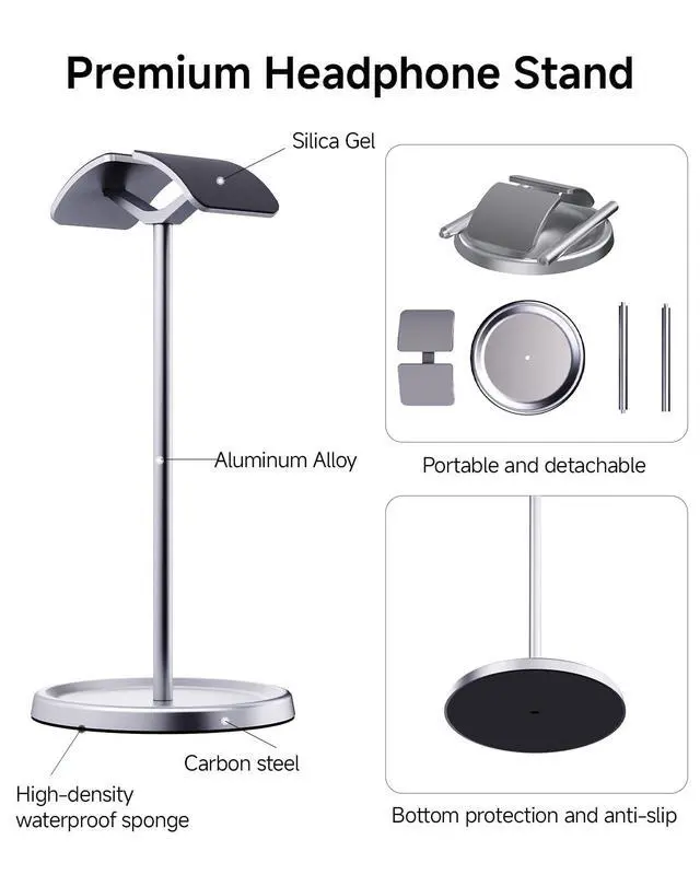 Alt view image 2 of 7 - Headphone Stand for Desk, Aluminum Metal Gaming Headset Holder Hanger with Supporting Rod & Base, Headphone Stand for AirPods Max, AirPods Pro, Beats, Bose, Sennheiser, Sony and More - Silver