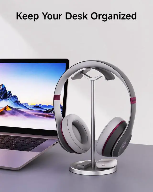 Alt view image 7 of 7 - Headphone Stand for Desk, Aluminum Metal Gaming Headset Holder Hanger with Supporting Rod & Base, Headphone Stand for AirPods Max, AirPods Pro, Beats, Bose, Sennheiser, Sony and More - Silver