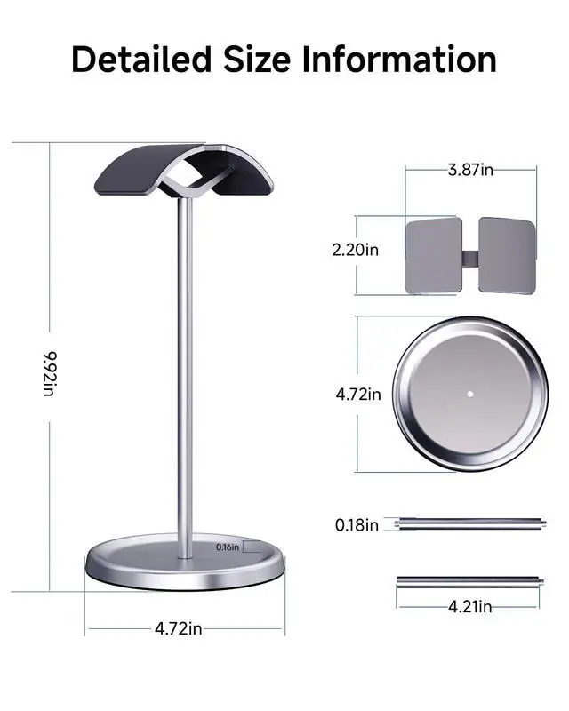 Alt view image 4 of 7 - Headphone Stand for Desk, Aluminum Metal Gaming Headset Holder Hanger with Supporting Rod & Base, Headphone Stand for AirPods Max, AirPods Pro, Beats, Bose, Sennheiser, Sony and More - Silver