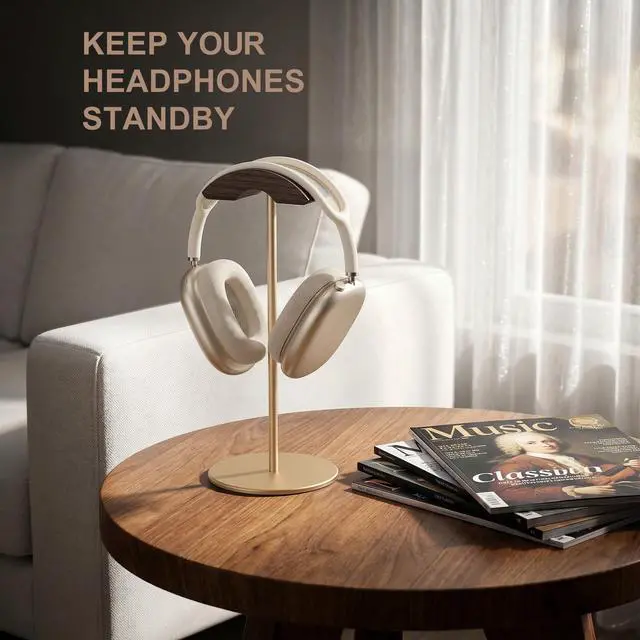 Alt view image 2 of 7 - Headphone Stand, Walnut Wood & Aluminum Headset Stand, Nature Walnut Gaming Headset Holder with Solid Heavy Base for All Headphone Sizes (Gold)
