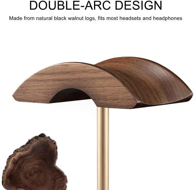 Alt view image 3 of 7 - Headphone Stand, Walnut Wood & Aluminum Headset Stand, Nature Walnut Gaming Headset Holder with Solid Heavy Base for All Headphone Sizes (Gold)
