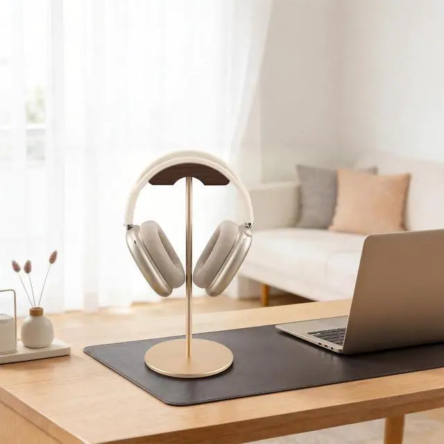 Alt view image 6 of 7 - Headphone Stand, Walnut Wood & Aluminum Headset Stand, Nature Walnut Gaming Headset Holder with Solid Heavy Base for All Headphone Sizes (Gold)