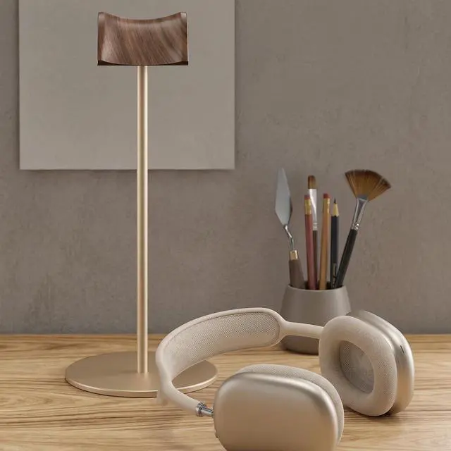 Alt view image 7 of 7 - Headphone Stand, Walnut Wood & Aluminum Headset Stand, Nature Walnut Gaming Headset Holder with Solid Heavy Base for All Headphone Sizes (Gold)