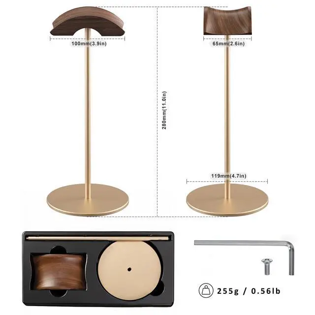 Alt view image 5 of 7 - Headphone Stand, Walnut Wood & Aluminum Headset Stand, Nature Walnut Gaming Headset Holder with Solid Heavy Base for All Headphone Sizes (Gold)