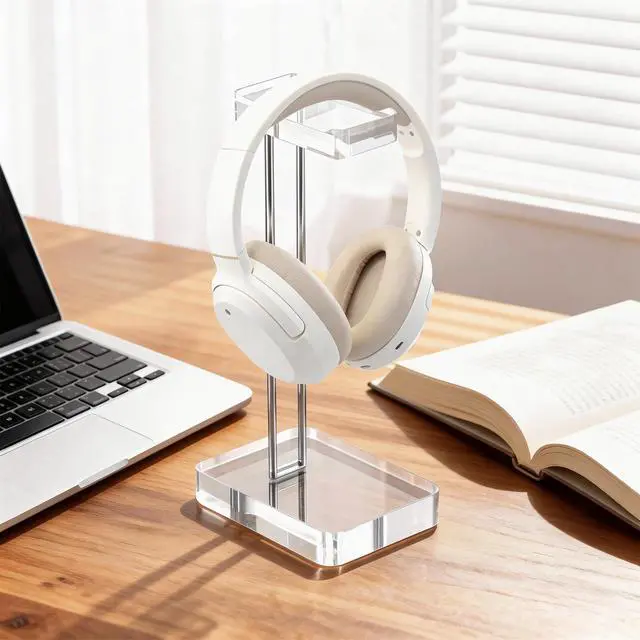 Alt view image 2 of 7 - Headphone Stand Headset Holder for Desk, Solid Christal-Clear Acrylic with Silver Hardware Earphone Hanger for Gaming Room Office Accessories
