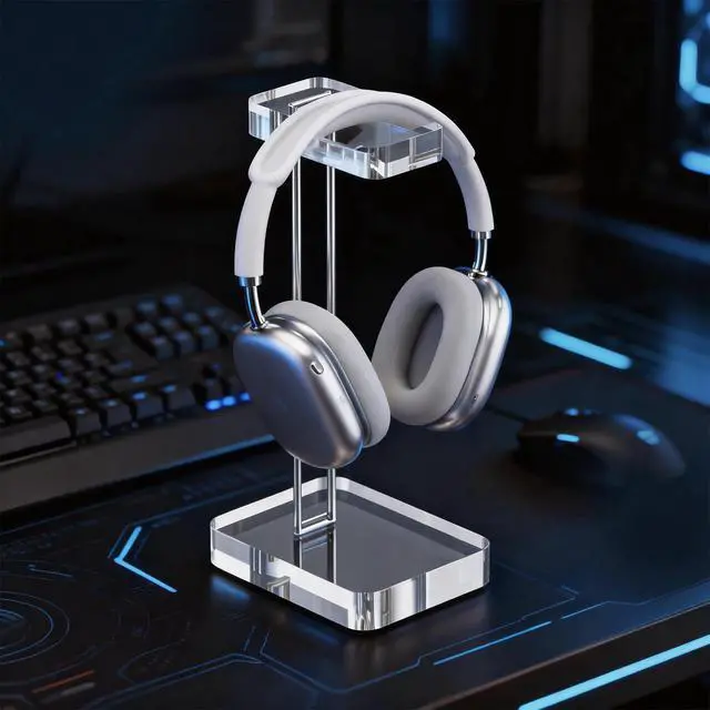 Alt view image 4 of 7 - Headphone Stand Headset Holder for Desk, Solid Christal-Clear Acrylic with Silver Hardware Earphone Hanger for Gaming Room Office Accessories