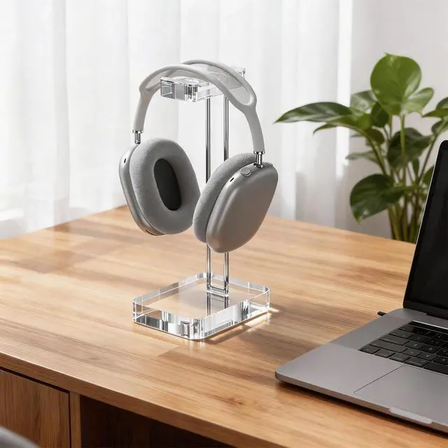 Alt view image 5 of 7 - Headphone Stand Headset Holder for Desk, Solid Christal-Clear Acrylic with Silver Hardware Earphone Hanger for Gaming Room Office Accessories