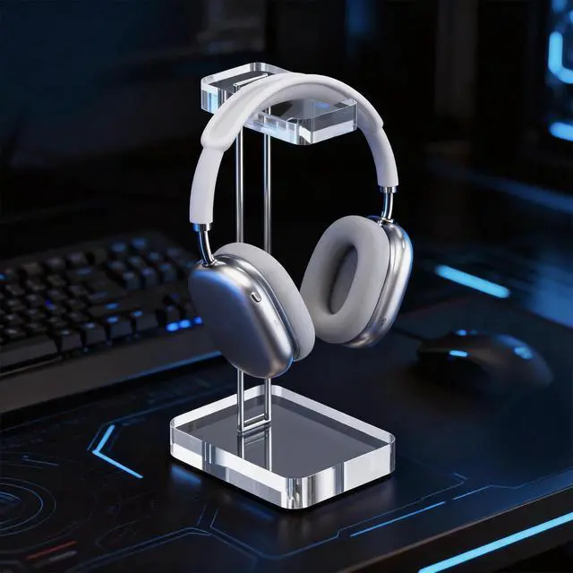Alt view image 6 of 7 - Headphone Stand Headset Holder for Desk, Solid Christal-Clear Acrylic with Silver Hardware Earphone Hanger for Gaming Room Office Accessories