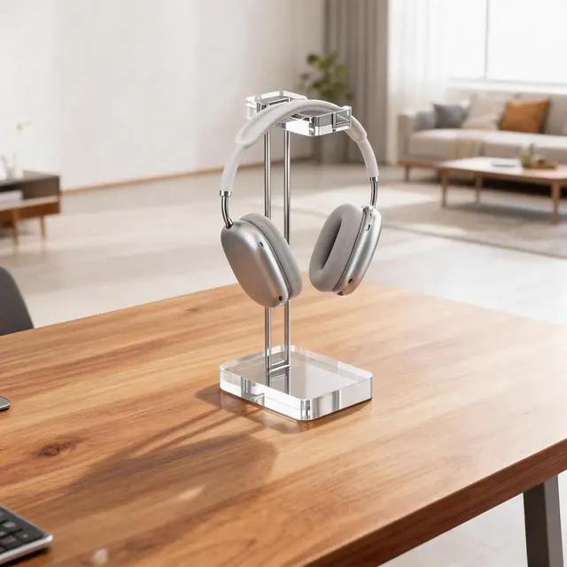Alt view image 7 of 7 - Headphone Stand Headset Holder for Desk, Solid Christal-Clear Acrylic with Silver Hardware Earphone Hanger for Gaming Room Office Accessories