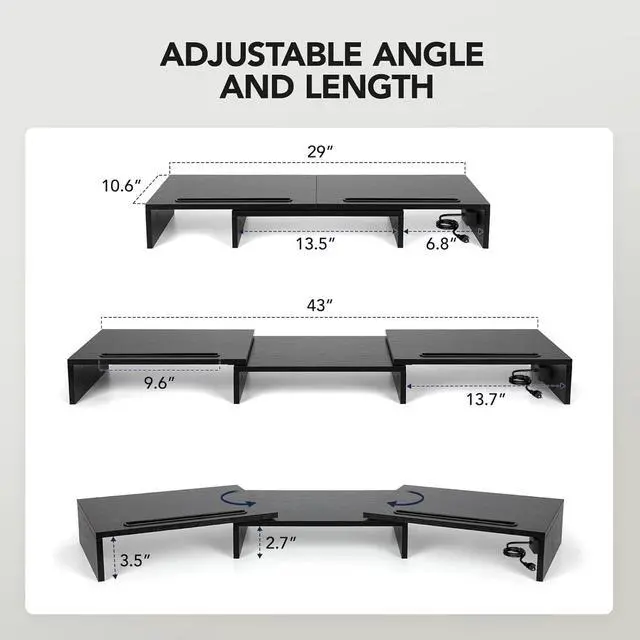 Alt view image 2 of 7 - Dual Monitor Stand -Monitor Stand with USB ports ,Adjustable Length and Angle, Dual monitor riser w/ Desktop Socket, Monitor Stand Riser for PC, Computer, Laptop (Black)
