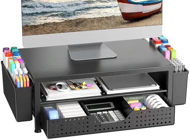 Main image of Monitor Riser, Laptop Stand for Desk, Office Desk Organizer and Accessories, Computer Monitor Stand, Desktop Shelf with Drawer and Pen Holder, Printer Stand for Home, Office, Dorm (Black)