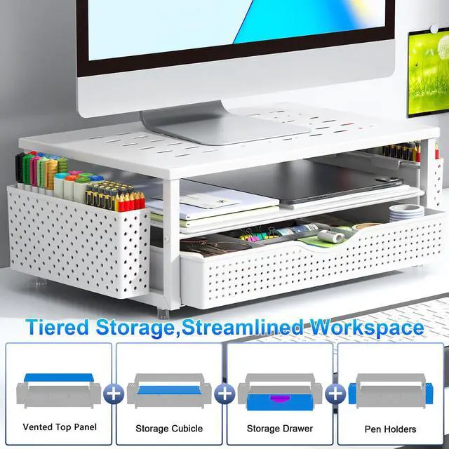 Alt view image 2 of 7 - Desk Organizers and Accessories, Monitor Stand with Drawer and 2 Pen Holder, Desktop Organizer Suitable for Offices and Dormitories (White)