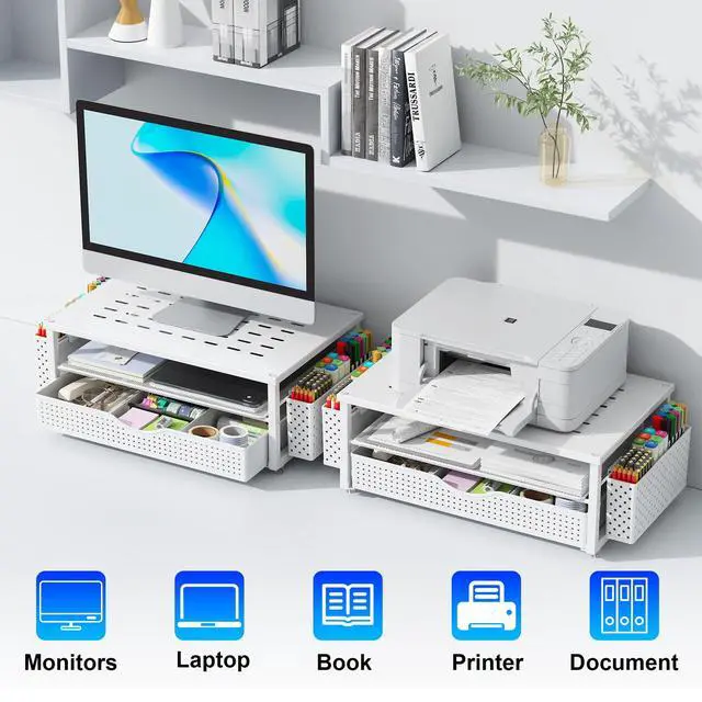 Alt view image 6 of 7 - Desk Organizers and Accessories, Monitor Stand with Drawer and 2 Pen Holder, Desktop Organizer Suitable for Offices and Dormitories (White)