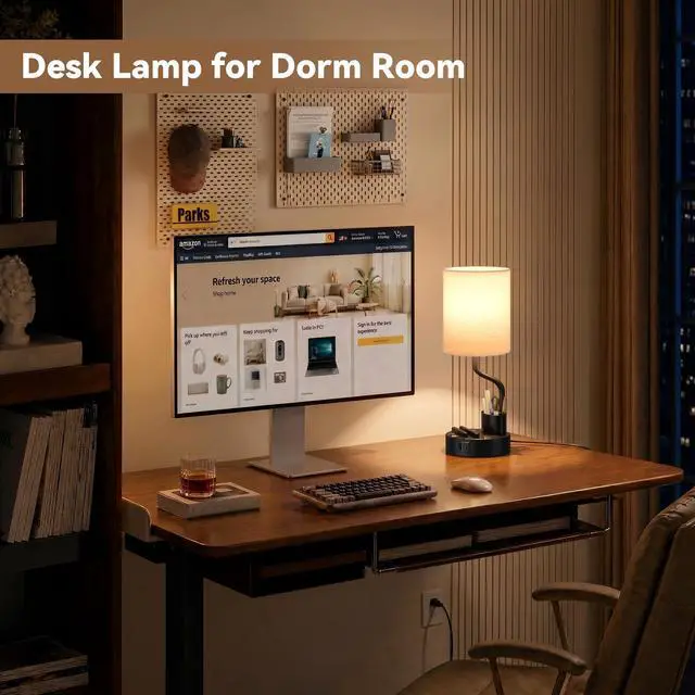 Alt view image 2 of 7 - Bedside Table Lamps for Bedroom Set of 2 - Nightstand Light with AC Outlet and USB A & C for Charging, 3 Color Temperatures, Study Desk Lamp with Pen Holder & Phone Stand for Living Room/Dorm/Office