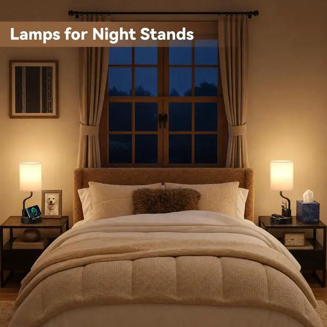Alt view image 3 of 7 - Bedside Table Lamps for Bedroom Set of 2 - Nightstand Light with AC Outlet and USB A & C for Charging, 3 Color Temperatures, Study Desk Lamp with Pen Holder & Phone Stand for Living Room/Dorm/Office