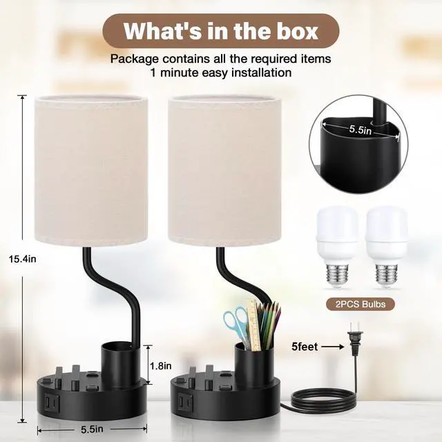Alt view image 6 of 7 - Bedside Table Lamps for Bedroom Set of 2 - Nightstand Light with AC Outlet and USB A & C for Charging, 3 Color Temperatures, Study Desk Lamp with Pen Holder & Phone Stand for Living Room/Dorm/Office