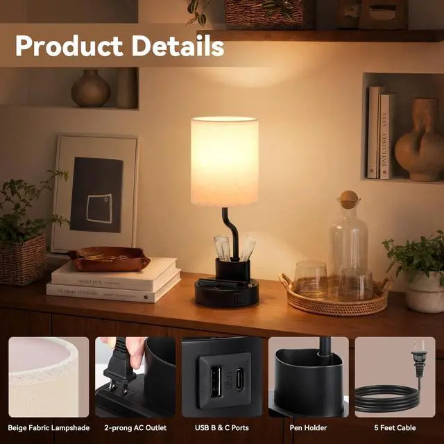Alt view image 7 of 7 - Bedside Table Lamps for Bedroom Set of 2 - Nightstand Light with AC Outlet and USB A & C for Charging, 3 Color Temperatures, Study Desk Lamp with Pen Holder & Phone Stand for Living Room/Dorm/Office