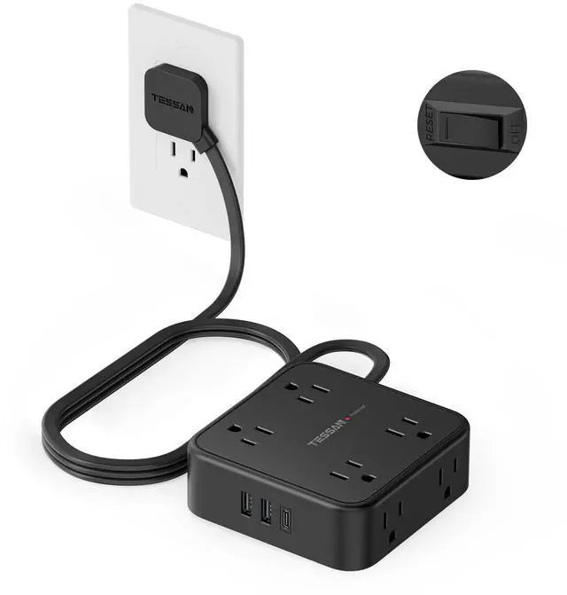 Main image of Surge Protector Power Strip, 5 Ft Flat Plug Extension Cord with 3 USB (1 USB C) 8 Outlets, 900J Protection, 3 Sided Outlet Extender with Power Switch for Office, Dorm Room, Black