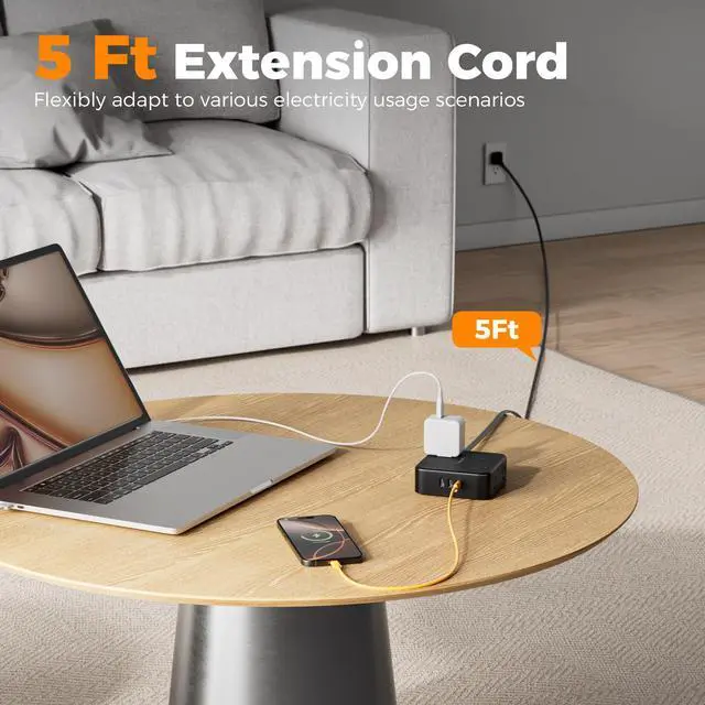 Alt view image 2 of 7 - Surge Protector Power Strip, 5 Ft Flat Plug Extension Cord with 3 USB (1 USB C) 8 Outlets, 900J Protection, 3 Sided Outlet Extender with Power Switch for Office, Dorm Room, Black
