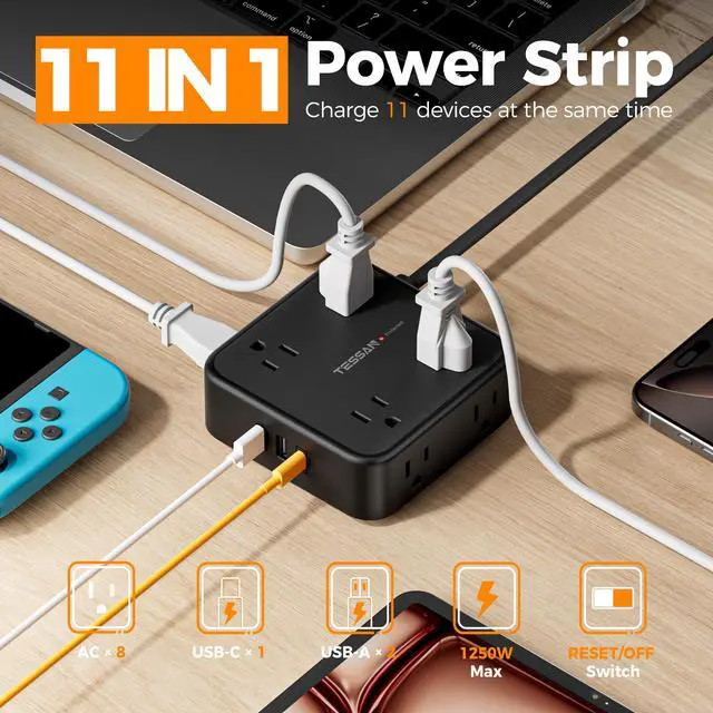 Alt view image 3 of 7 - Surge Protector Power Strip, 5 Ft Flat Plug Extension Cord with 3 USB (1 USB C) 8 Outlets, 900J Protection, 3 Sided Outlet Extender with Power Switch for Office, Dorm Room, Black