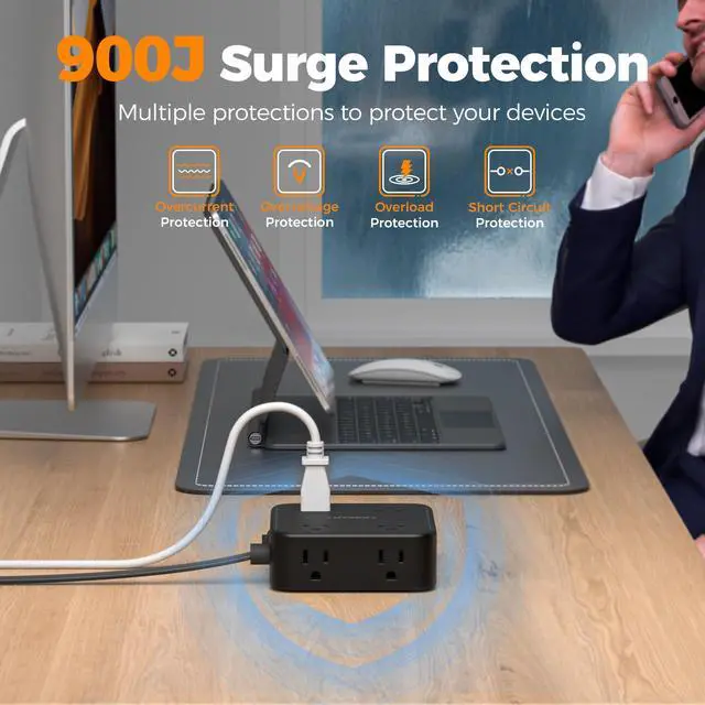 Alt view image 6 of 7 - Surge Protector Power Strip, 5 Ft Flat Plug Extension Cord with 3 USB (1 USB C) 8 Outlets, 900J Protection, 3 Sided Outlet Extender with Power Switch for Office, Dorm Room, Black