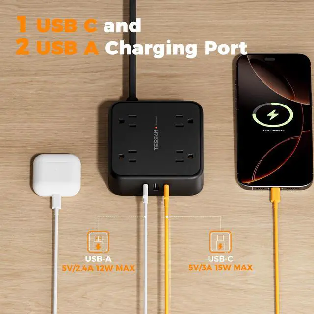 Alt view image 5 of 7 - Surge Protector Power Strip, 5 Ft Flat Plug Extension Cord with 3 USB (1 USB C) 8 Outlets, 900J Protection, 3 Sided Outlet Extender with Power Switch for Office, Dorm Room, Black