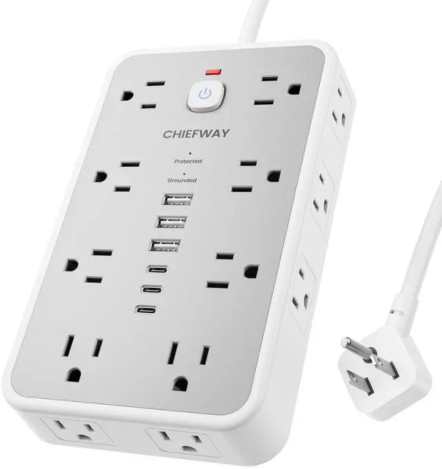 Main image of Surge Protector Power Strip, 6Ft Flat Plug Extension Cord with 6 USB Ports (3 USB C), 16 Widely Spaced Outlets, 4-Sided Outlet Extender, 2400J, 1875W/15A for Home Office Dorm Room Gaming
