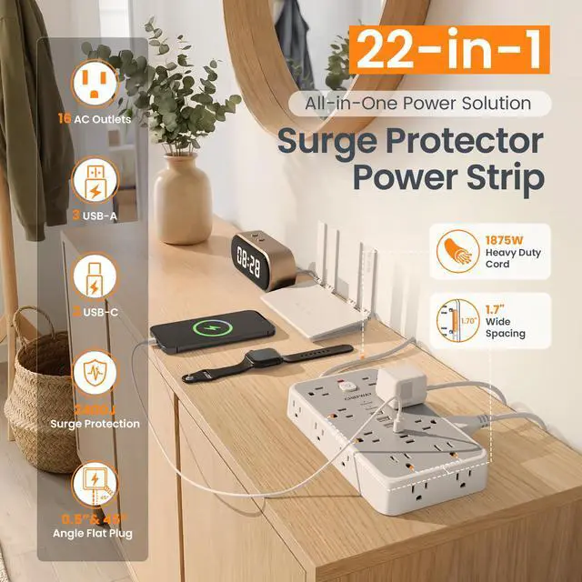 Alt view image 2 of 7 - Surge Protector Power Strip, 6Ft Flat Plug Extension Cord with 6 USB Ports (3 USB C), 16 Widely Spaced Outlets, 4-Sided Outlet Extender, 2400J, 1875W/15A for Home Office Dorm Room Gaming