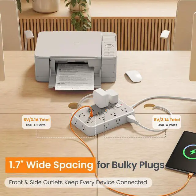 Alt view image 3 of 7 - Surge Protector Power Strip, 6Ft Flat Plug Extension Cord with 6 USB Ports (3 USB C), 16 Widely Spaced Outlets, 4-Sided Outlet Extender, 2400J, 1875W/15A for Home Office Dorm Room Gaming
