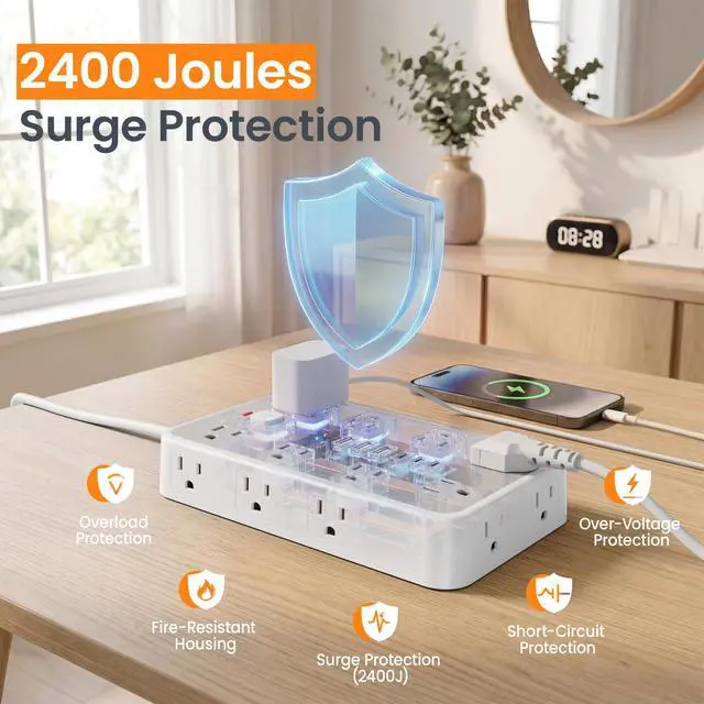 Alt view image 4 of 7 - Surge Protector Power Strip, 6Ft Flat Plug Extension Cord with 6 USB Ports (3 USB C), 16 Widely Spaced Outlets, 4-Sided Outlet Extender, 2400J, 1875W/15A for Home Office Dorm Room Gaming
