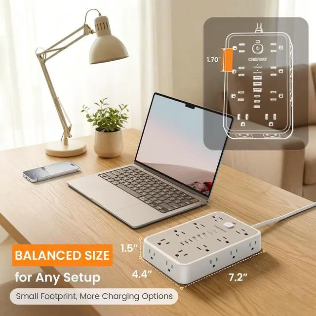 Alt view image 5 of 7 - Surge Protector Power Strip, 6Ft Flat Plug Extension Cord with 6 USB Ports (3 USB C), 16 Widely Spaced Outlets, 4-Sided Outlet Extender, 2400J, 1875W/15A for Home Office Dorm Room Gaming