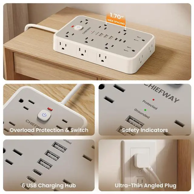 Alt view image 7 of 7 - Surge Protector Power Strip, 6Ft Flat Plug Extension Cord with 6 USB Ports (3 USB C), 16 Widely Spaced Outlets, 4-Sided Outlet Extender, 2400J, 1875W/15A for Home Office Dorm Room Gaming