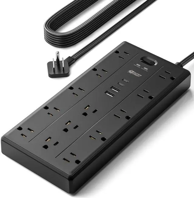 Main image of 10Ft Extension Cord with Multiple Outlets, Flat Plug Power Strip with 2100J Surge Protector, 13 Outlets, 2 USB A, 2 USB C, Desk USB Charging Station, Home Office, College Dorm Room Essentials, Black