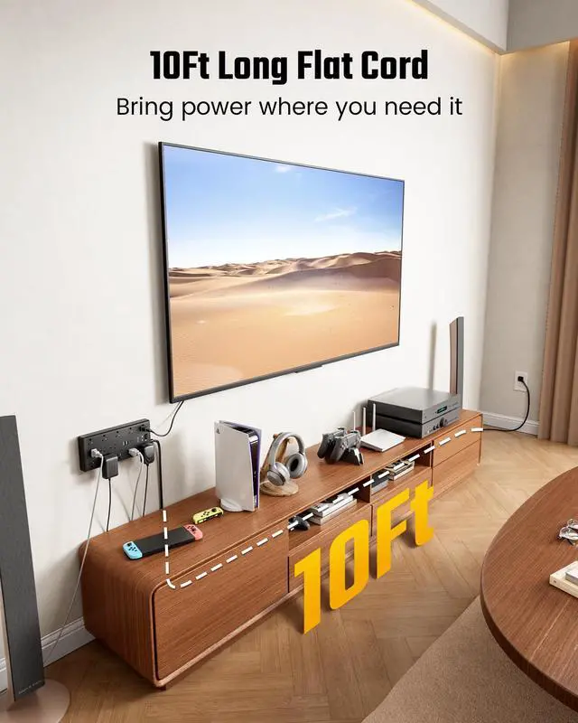 Alt view image 4 of 7 - 10Ft Extension Cord with Multiple Outlets, Flat Plug Power Strip with 2100J Surge Protector, 13 Outlets, 2 USB A, 2 USB C, Desk USB Charging Station, Home Office, College Dorm Room Essentials, Black
