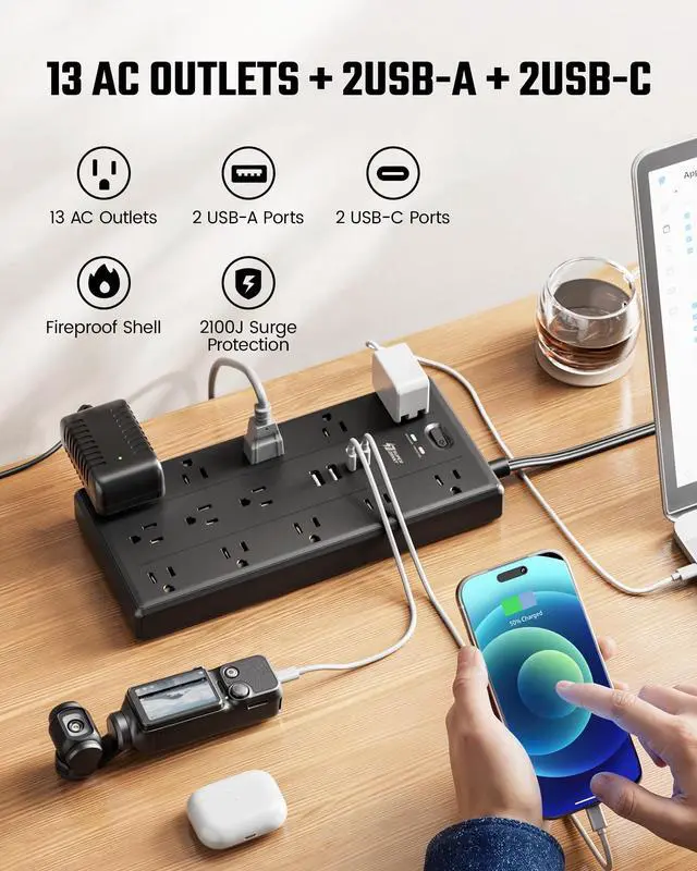 Alt view image 2 of 7 - 10Ft Extension Cord with Multiple Outlets, Flat Plug Power Strip with 2100J Surge Protector, 13 Outlets, 2 USB A, 2 USB C, Desk USB Charging Station, Home Office, College Dorm Room Essentials, Black