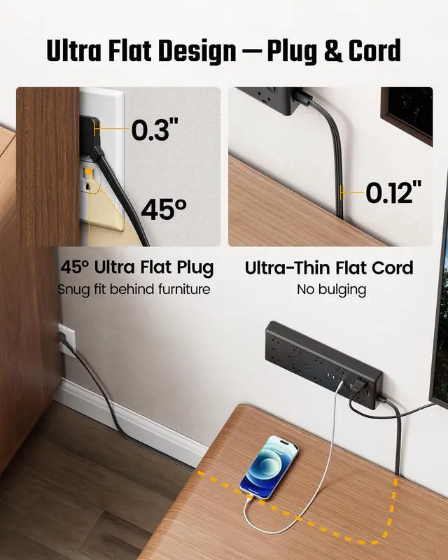 Alt view image 5 of 7 - 10Ft Extension Cord with Multiple Outlets, Flat Plug Power Strip with 2100J Surge Protector, 13 Outlets, 2 USB A, 2 USB C, Desk USB Charging Station, Home Office, College Dorm Room Essentials, Black