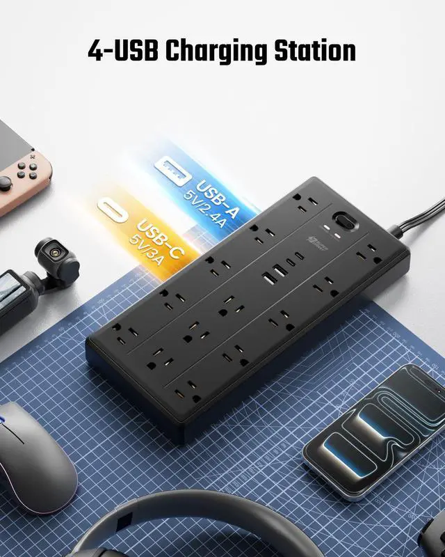 Alt view image 3 of 7 - 10Ft Extension Cord with Multiple Outlets, Flat Plug Power Strip with 2100J Surge Protector, 13 Outlets, 2 USB A, 2 USB C, Desk USB Charging Station, Home Office, College Dorm Room Essentials, Black